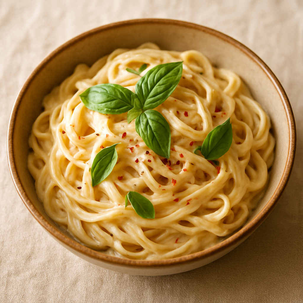 A vibrant bowl of pasta with fresh basil